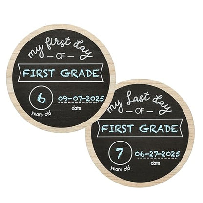 Kate & Milo Double Sided Back to School Board for Kids Girls Boys, My First and Last Day Chalkboard Sign, Preschool Kindergarten 1st Grade, Reusable Photo Prop for Pictures, Chalk Included - style: Wooden Round Chalkboard
