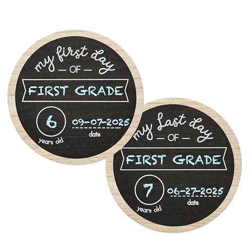 Kate & Milo Double Sided Back to School Board for Kids Girls Boys, My First and Last Day Chalkboard Sign, Preschool Kindergarten 1st Grade, Reusable Photo Prop for Pictures, Chalk Included - style: Wooden Round Chalkboard