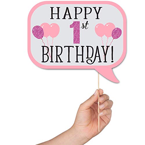 1st Birthday Girl Photo Booth Props - 41-pc Photobooth Kit with 8 x 10-Inch Sign, 60 Adhesive Pads, 45 Sticks - First Birthday Photo Kit