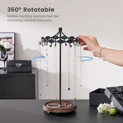 Lolalet Rotating Necklace Holder Stand with Metal Hooks, Spinning Display Carousels, Freestanding Organizer Hanger, for Long Necklaces Chains -Black - color: Black