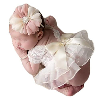 Zeroest Baby Photography Props Lace Hats Outfit Newborn Photo Shoot Outfits Infant Photos Baby Girl Photoshoot - color: Snow White