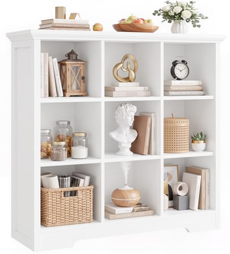 Aheaplus Wooden 9-Cube Storage Organizer with Charging Ports, Modern Cube Bookcase with Base, 4-Tier Floor Standing Open Cubbies Bookshelf, Cubicle Display Shelf for Home and Office, White - color: White, size: 9-Cube
