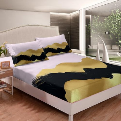 Feelyou Black and Gold Pink Bed Sheets Set Pink Gold Abstract Art Fitted Sheet Modern Marble Aesthetic Bedding Set for Boys Girls Abstract Art Bed Cover Full Size with 2 Pillow Case - color: Multi 17, size: Full