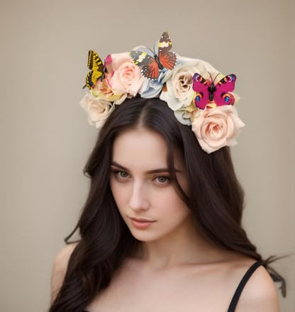 Elegant Butterfly Flower Headband for Women Boho Handmade Rose Floral Crown Wedding Bridal Festivals Cosplay Prom Photo Props Headpiece (A3 blue, Adjustable) - color: A3 blue