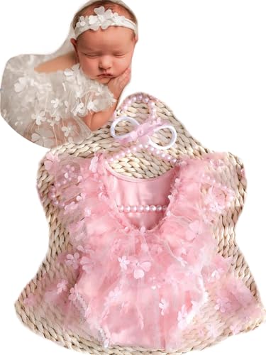 Newborn Photography Outfits Girl Baby Photo Tutu Dress Newborn Photoshoot Romper Baby Picture Lace Outfit - color: Pink4