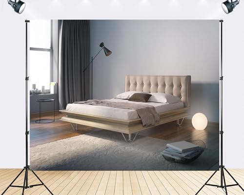 Trykid 10x8ft Modern Minimalist Bedroom Backdrop Light Wood Bed Neutral Tone Interior Scenery Photography Background Scandinavian Home Party Decoration Tapestry Photo Booth Prop Fabric - size: 10x8ft