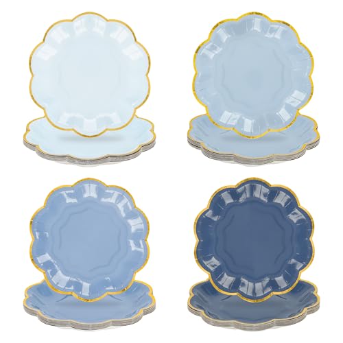 AimFun 48 Pcs Dusty Blue Party Plates Gradient Blue Dessert Paper Plates 7inch Gold Foil Scalloped Edge Disposable Cake Plates for Tea Party Birthday Bridal Baby Shower Wedding Party Supplies - color: Dusty Blue