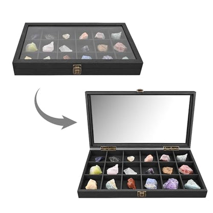 MOOCA Wooden Jewelry Display Case with Tempered Glass Lid & 18 Compartments Tray, Rock Collection Box, Crystal Display Case, Black Color - color: Black