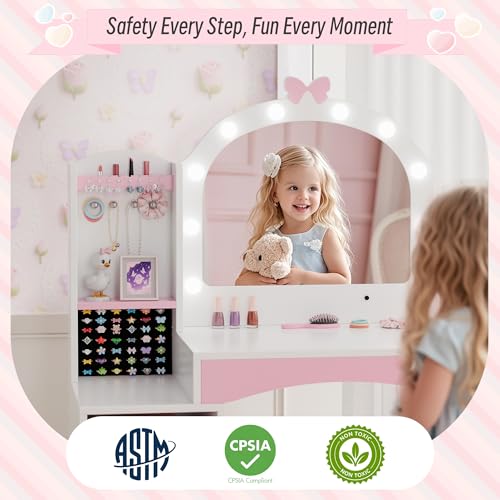 Girls Vanity Table and Chair Set, Kids Vanity with Jewelry Organizer for Princess, Toddler Makeup Vanity Desk with Open Shelf, Closed Cabinet and Butterfly Pattern, White - color: White