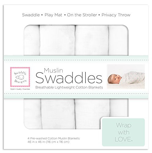 SwaddleDesigns Cotton Muslin Swaddle Blankets, Set of 4, Receiving Blankets for Baby Boys & Girls, Best Shower Gift, 46x46 inches, Pure White - color: Pure White