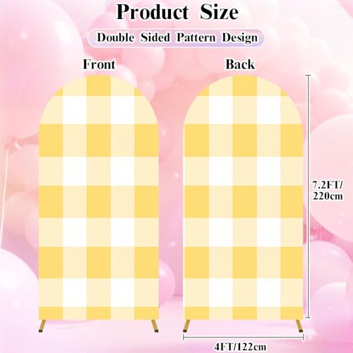 7.2FT Wedding Arch Backdrop Cover Plaid Seamless Texture Yellow Checkered backgraund Spandex Fitted Fabric Round Top Stretchy Stand Covers for Baby Shower Birthday Party Decoration - color: Color2, size: 7.2x4 FT