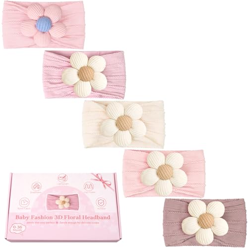 CÉLLOT 5 Pcs Baby Flower Headbands Baby Girls Nylon Headbands Soft Hairbands Hair Accessories for Newborn Infant Toddler Kids（Pink） - color: Pink