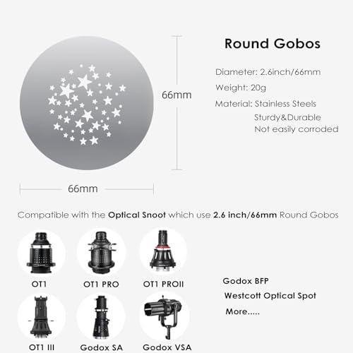 16Pcs Round Gobos Kit for Optical Snoot,66mm/2.6in Metal Plate Patterns for Spotlight Attachment Compatible with Godox BFP/OT1/OT1 Pro/II/Westcott Optical Spot,for Portraits/Product/Food/YouTube - style: 16packs Patterns