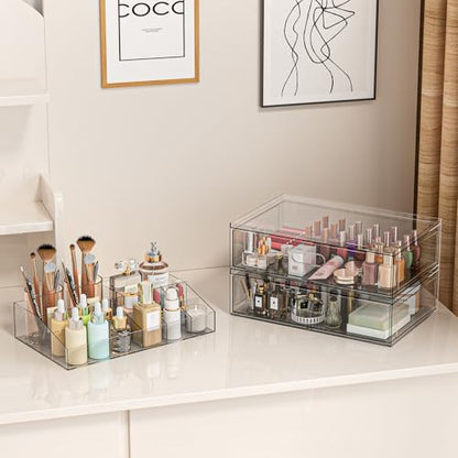 Clear Stackable Makeup Organizer with Drawer, 12''W Acrylic Storage Drawers, Cosmetic Display Case for Vanity Bathroom Countertop, Beauty Holder for Lipstick Brush Skincare Perfume - size: 3 Pack