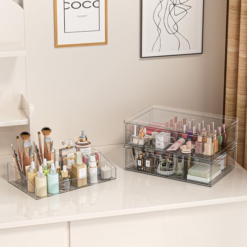 Clear Stackable Makeup Organizer with Drawer, 12''W Acrylic Storage Drawers, Cosmetic Display Case for Vanity Bathroom Countertop, Beauty Holder for Lipstick Brush Skincare Perfume (5 Pack) - size: 5 Pack
