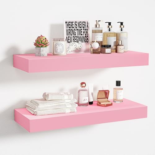 BAMEOS Pink Floating Shelves for Wall, 16" x 6" Wall Shelves for Room, Floating Book Shelves, Hanging Shelves for Bedroom, Bedroom, Living Room, Kitchen (Set of 2) - color: Pink, size: 16x6 2Pcs