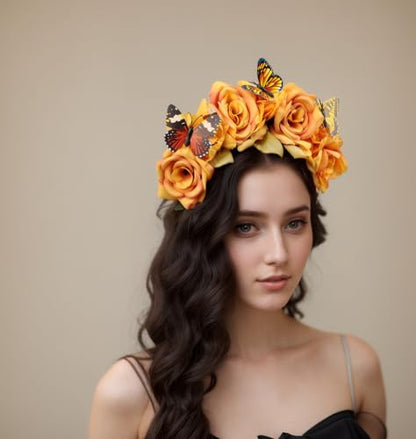 Elegant Butterfly Flower Headband for Women Boho Handmade Rose Floral Crown Wedding Bridal Festivals Cosplay Prom Photo Props Headpiece (A3 yellow, Adjustable) - color: A3 yellow