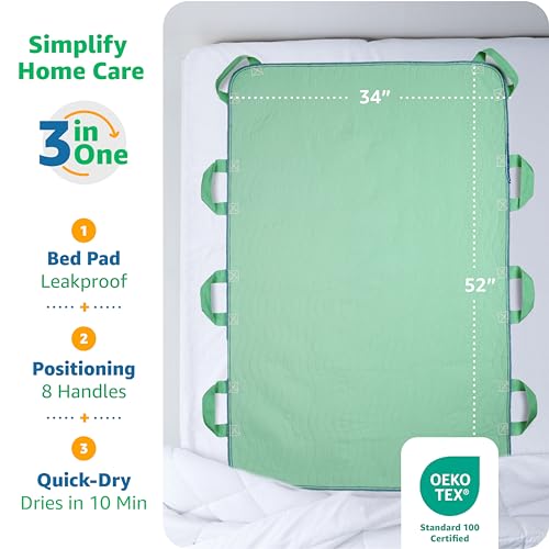 Improvia Positioning Bed Pad, with 8 Reinforced Handles, Quick-Drying, Washable, Waterproof, for Lifting, Turning, Transfering, Elderly and Incontinence Patients (Green, 34" x 52" - Pack of 1) - color: Green, size: 34"x52" (Pack of 1)