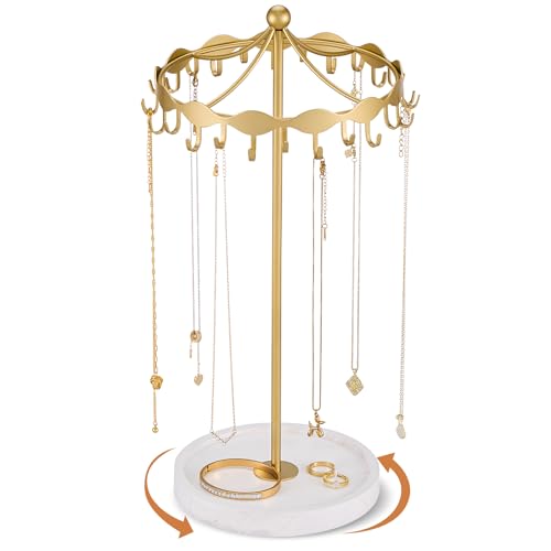Lolalet Rotating Necklace Holder Stand with Metal Hooks, Spinning Display Carousels, Freestanding Organizer Hanger for Long Necklaces Chains, Mother's Day Birthday Gifts -Gold - color: Gold