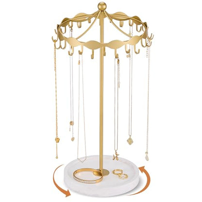 Lolalet Rotating Necklace Holder Stand with Metal Hooks, Spinning Display Carousels, Freestanding Organizer Hanger for Long Necklaces Chains, Mother's Day Birthday Gifts -Gold - color: Gold