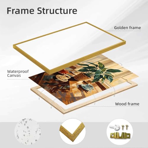 Framed Coffee Cups and Houseplant Canvas Print Modern Minimalist Aesthetic Wall Art Poster Painting Pictures Wall Decor for Living Room Home Decor Office Decoration (24L x36W,Gold Framed) - size: 24l"x36w"