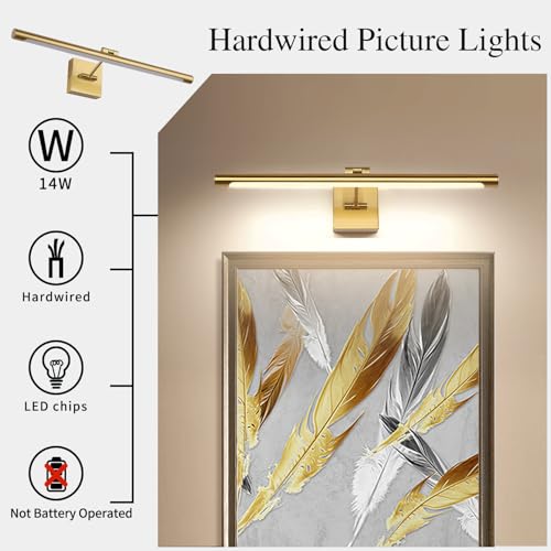 LED Picture Light Fixtures 24.4 Inches, Full Metal Artwork Wall Lamp with Single Swing Arm, 14W (70W Eqv.), Hardwired Connection, Non-Dimmable, 3000K Warm White, CRI80+, Golden-Like Brass Finish - color: Brass, size: Non-Dimmable 24.4" Long