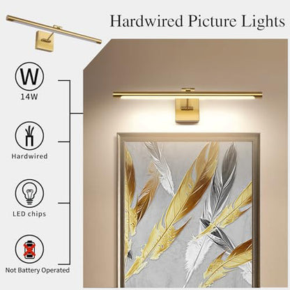 LED Picture Light Fixtures 24.4 Inches, Full Metal Artwork Wall Lamp with Single Swing Arm, 14W (70W Eqv.), Hardwired Connection, Non-Dimmable, 3000K Warm White, CRI80+, Golden-Like Brass Finish - color: Brass, size: Non-Dimmable 24.4" Long