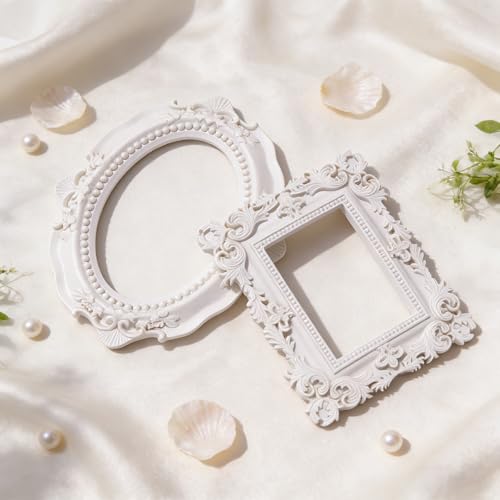 6 Pcs Mini Frames, White Small Vintage Picture Frames Antique Resin Photo Frame for DIY Craft Galley Wall Hanging Jewelry Display Shooting Photo Props Christmas Decor (Without Backings) - color: White, style: Style 1