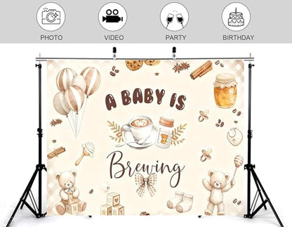 15x8ft A Baby is Brewing Backdrop Sweet Brown Coffee Baking Theme Cute Bear Croissant Feeding Bottle Newborn Cake Smash Baby Shower Decorations Photography Background Photo Studio Props - size: 15x8ft