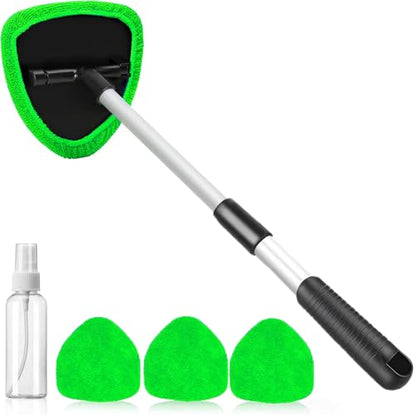 desin Windshield Cleaning Tool, Car Window Cleaner Windshield Cleaner with 4 Reusable and Washable Microfiber Pads and Extendable Handle Auto Inside Glass Wiper - color: Dark green