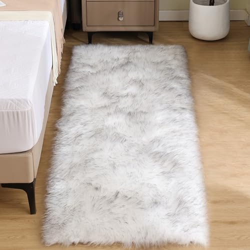 Goolela Fluffy Faux Fur Runner Rug 2x6 for Bedroom White with Grey Tips Faux Sheepskin Rug Bedside Dorm Washable Shaggy Plush Rectangle - color: White and Grey Tips, size: 2' x 6' (Rectangular)