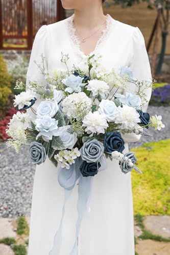 rongflower Blue Artificial Flowers Combo Box Set Gradient Color Flower Leaf with Stems for DIY Wedding Bouquets Centerpieces Baby Shower Party Home Decorations - color: Blue