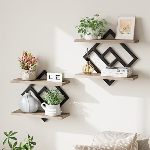 ELYKEN Floating Shelves for Wall, Set of 2 Hanging Shelves, 2-Tier Wall Mounted Storage Shelves for Books & Decor, Perfect for Living Room, Bedroom, Kitchen, Home Office, Study, Greige - color: Greige + Black, size: 2 PCS