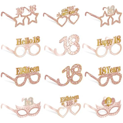 Guiruiy 24PCS 18th Birthday Eyeglasses Decorations for Girls, Pink Rose Gold Happy 18th Birthday Paper Eyeglasses Party Supplies, Eighteen Year Old Bday Glasses Decor - style: Rose Gold 18th