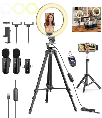 Vlogging Kit for iPhone/Android, 10'' Selfie Ring Light with Stand, 57'' Extendable Tripod, Desktop Tripod, Wireless Microphone - YouTube Starter Kit, Content Creator Essentials for TikTok,Live Stream