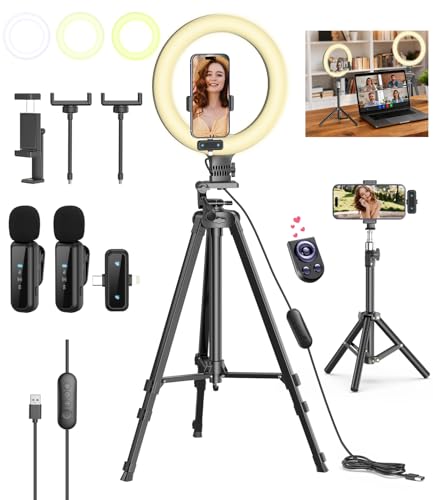 Vlogging Kit for iPhone/Android, 10'' Selfie Ring Light with Stand, 57'' Extendable Tripod, Desktop Tripod, Wireless Microphone - YouTube Starter Kit, Content Creator Essentials for TikTok,Live Stream