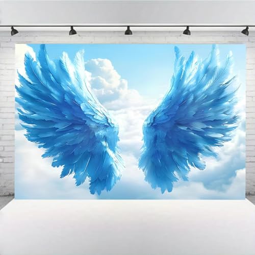 Blue Big Angel Wings Backdrop Fantasy Sky White Cloud Holy Heaven Sent Baby Shower Decorations for Adult Birthday Wedding Party Decoration Boy Girl Artistic Portrait Photo Studio Props (A, 8X6FT) - color: A, size: 8X6FT