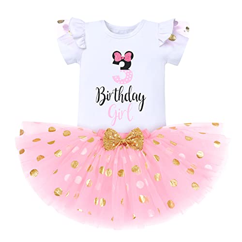 IBTOM CASTLE Cake Smash Half 1st 2nd 3rd Birthday Girl Princess Polka Dots Ruffle Skirt Set ONE Party Costume Headband - color: Pink-3rd, size: 3T