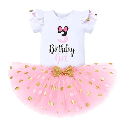 IBTOM CASTLE Cake Smash Half 1st 2nd 3rd Birthday Girl Princess Polka Dots Ruffle Skirt Set ONE Party Costume Headband - color: Pink-3rd, size: 3T