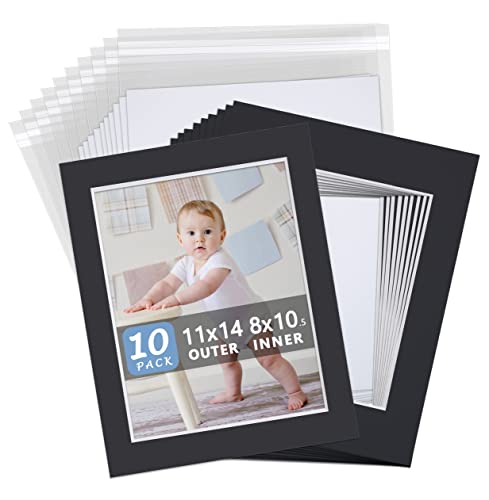 Somime 10 Pack Black Picture Frame 11x14 Mat Board,White Core Bevel Cut Mats 8.5x11, Whole Frame Mat Kit Includes 10 Picture Photo Mattes & 10 Backings & 10 Krystal Sleeve Bags - size: 11x14 10pack black complete set for 8.5x11