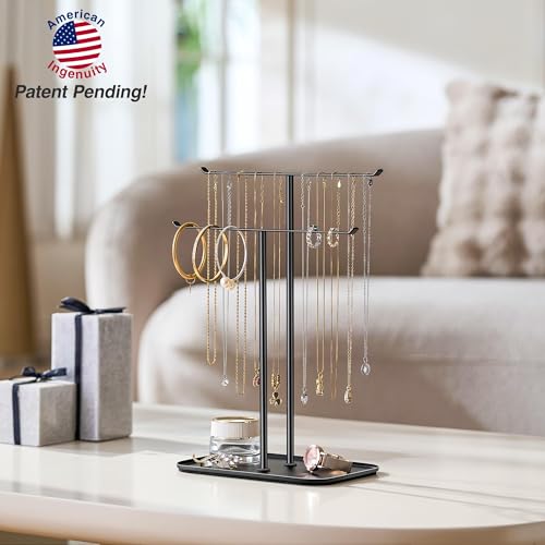 pickpiff Necklace Holder Jewelry Organizer Stand – 2‑Tier T‑Bar Jewelry Display Tree with Tray for Countertop Necklace Bracelet Earring Storage, Vanity Dresser Bathroom Sink, Black - color: Black