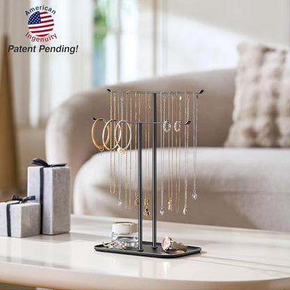 pickpiff Necklace Holder Jewelry Organizer Stand – 2‑Tier T‑Bar Jewelry Display Tree with Tray for Countertop Necklace Bracelet Earring Storage, Vanity Dresser Bathroom Sink, Black - color: Black