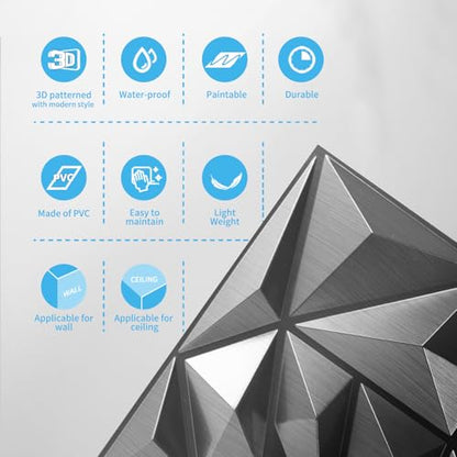 Art3d 33-Pack 3D Wall Panels - Diamond Textured Feature Paneling for Gaming, Living Room, TV Wall - 12 x 12 inch Silver - color: ‎Silver, size: 12x12 Inch 33 pcs