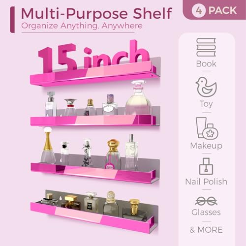 4 Pack 15 Inch Pink Reflective Acrylic Shelves, Pink Floating Shelves, Modern Sunglasses Essential Oil Picture Ledge Display Toy Storage Shelf - color: 15in-pink Mirror