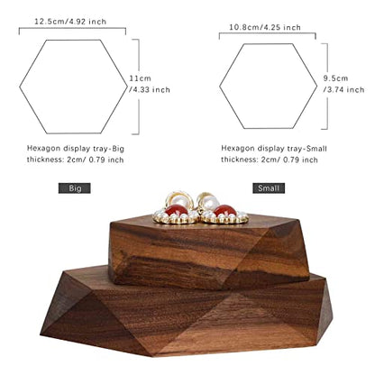 2pcs Wooden Jewelry display tray, Hexagon jewelry display riser, Jewelry retail shop photography props【Walnut Hexagon tray-2pcs】