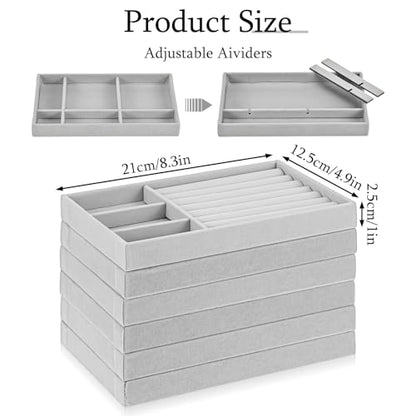 Abeillo 6Pcs Velvet Jewelry Tray Stackable Jewelry Drawer Organizer Inserts Divided Jewelry Box Display Case Storage for Earring Necklace Rings Bracelet Watch Bangle (Grey)