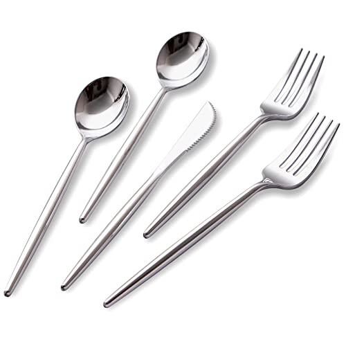 SUT 150Pcs Silver Plastic Silverware, Silver Disposable Cutlery, Heavy Duty Disposable Silverware, Plastic Utensils Include 50 Plastic Forks, 50 Plastic Spoons, 50 Plastic Knives - style: Silver
