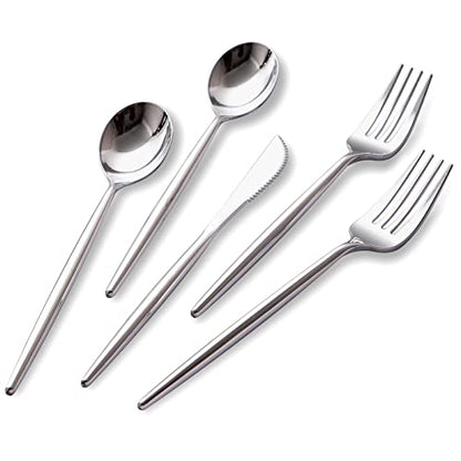 SUT 150Pcs Silver Plastic Silverware, Silver Disposable Cutlery, Heavy Duty Disposable Silverware, Plastic Utensils Include 50 Plastic Forks, 50 Plastic Spoons, 50 Plastic Knives - style: Silver