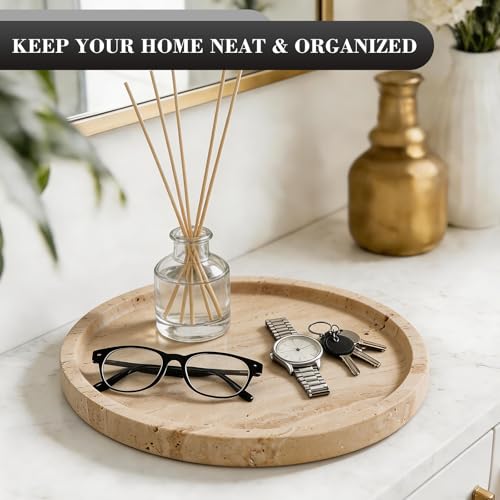 Natural Round Marble Tray - 7.8" Travertine Marble Vanity Tray for Dresser, Bathroom, Decorative Jewelry Dish for Perfumes Rings Earrings Necklaces, Stone Tray for Home Décor, Beige - color: Beige