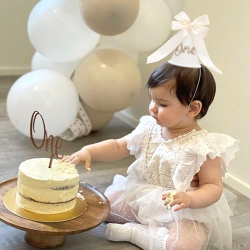 Boho Beige Bow Half Birthday hat-1/2 Birthday Decorations,Glitter Number Cone Hat,Princess Hat,Photo Props Cake Smash - color: White Bow Hat1